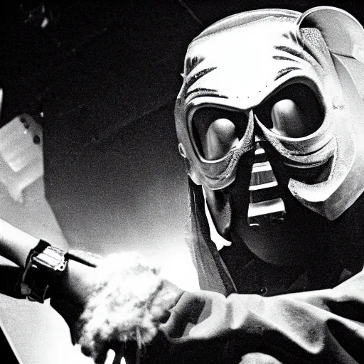 Prompt: a photo of MF DOOM performing on stage, madvillany.