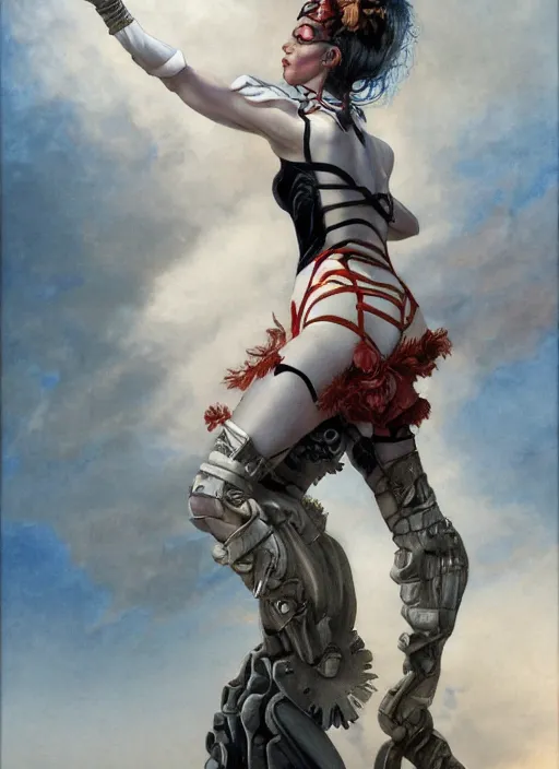 Prompt: symmetry!! closeup! of a pirate girl, cyborg ballerina, in clouds, cinematic light, windy, sunrise, by gerald brom, by mikhail vrubel, by peter elson, muted colors, extreme detail, trending on artstation, 8 k