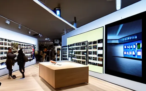 Prompt: A flagship Samsung store. black walls. timber floor. high ceilings with spots. large windows with natural light. modern wood furniture. beautiful display tables with phones and tablets, plants on pots and on the walls, large digital screens with videos on the walls, Architectural photography. 14mm. High Res 8K. award winning architectural design, Minimalist, High-tech, warm and happy, inviting