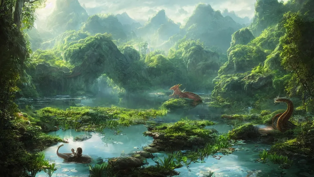 Image similar to a ultradetailed beautiful matte painting of a peaceful pond with a clear water where a majestuous dragon with intricate green scale is peacefully sleeping, dynamic lighting, cinematic lighting, lit by morning light, by krenz cushart and artgerm, unreal engine, featured on artstation