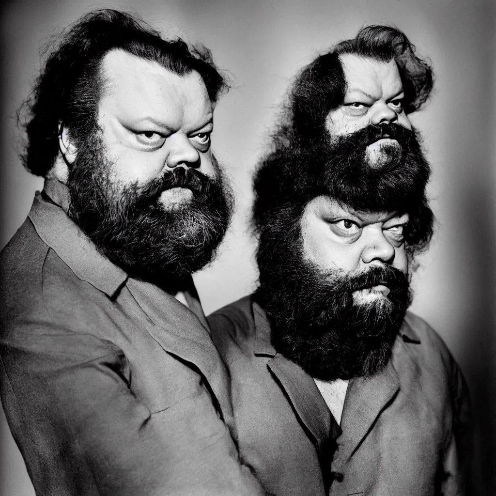 Image similar to An Alec Soth portrait photo of Orson Welles as hairy werewolf, wearing multiple military helmets