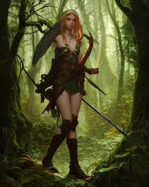 Image similar to a female elven hunter standing in a forest, intricate, highly detailed, digital painting, volumetric light, artstation, concept art, smooth, sharp focus, illustration, art by Gil Elvgren and Greg Rutkowski and Alphonse Mucha, 8K