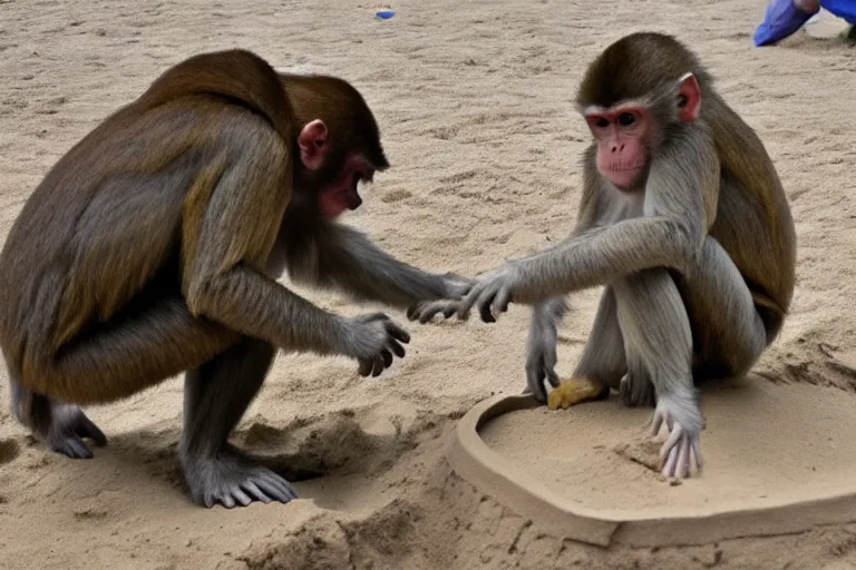 Image similar to a monkey touching a completed sand castle