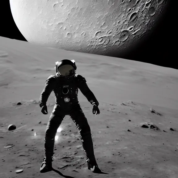 Prompt: dustin bates from starset band in sci fi uniform doing an epic cinematic pose on the moon, highly detailed, masterpiece