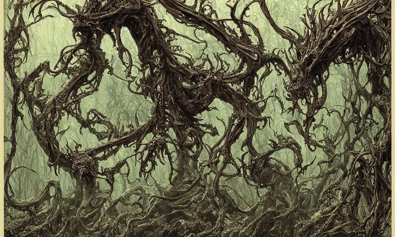 Image similar to hyperdetailed art nouveau portrait of treebeard as a cthulhu eyeball skull dragon monster, by micheal whelan, simon bisley and bill sienkiewicz, grim yet sparkling atmosphere, photorealism, claws, skeleton, antlers, fangs, forest, wild, crazy, horror, lynn varley, lovern kindzierski, steve oliff