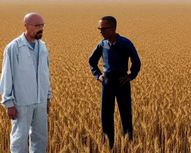 Prompt: walter white and gustavo fring stand facing each other from a distance in a wheat field, long shot, side view, 3 5 mm photograph, 8 k resolution, wide shot, sharp lens