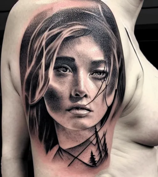 Image similar to creative blend of a hyper realistic mountain scenery with a beautiful woman face, tattoo design sketch, in the style of matteo pasqualin, hyper - realistic, amazing detail, black and white