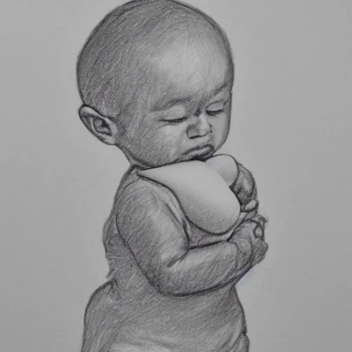 Prompt: pencil sketch, baby throwing a dummy