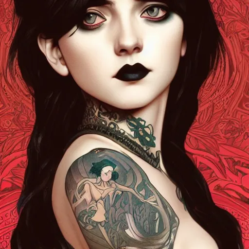 Prompt: a vector illustration of a sad goth girl with tattoo, intricate, elegant, highly detailed, digital painting, artstation, smooth, sharp focus, vector illustration, art by artgerm and greg rutkowski and alphonse mucha and william - adolphe bouguereau