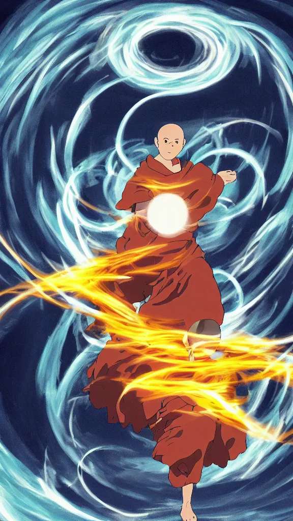 Prompt: illustration of a peaceful monk in the centre of a swirling atom defending against evil, studio ghibli, ultra hd
