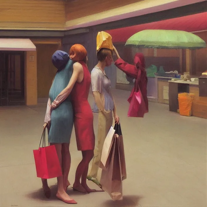 Image similar to colorful women hugging with a paper bag over the head, dressed in plastic bags, inside shopping center, highly detailed, artstation, art by , edward hopper, zdislav beksinski, wayne barlowe