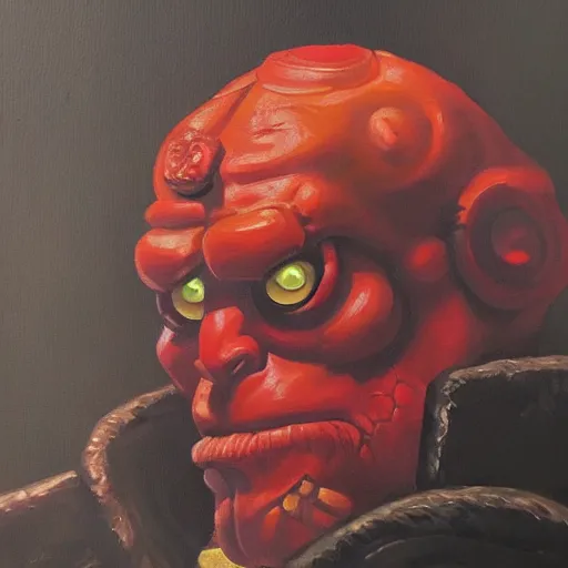 Image similar to hellboy portrait. oil painting. 3 / 4 view. closeup. based on the great masters. baroque.