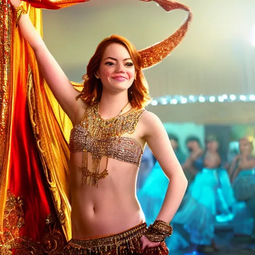 Image similar to a beautiful portrait of emma stone as a belly dancer, arabian night, high quality, fully detailed, 4 k