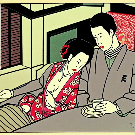 Prompt: Japanese beauty wrapped in a snake having tea with her husband by Toshio Saeki, high detailed