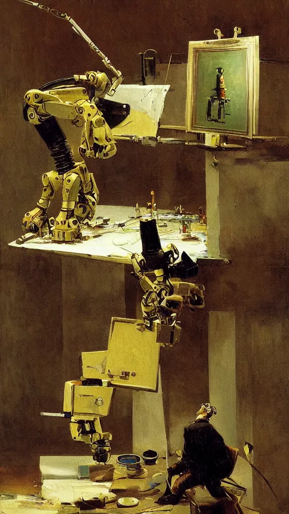 Image similar to robot artist painting a canvas, the painting is of a robot. intricate, highly detailed, photorealistic, film still, by carl spitzweg.