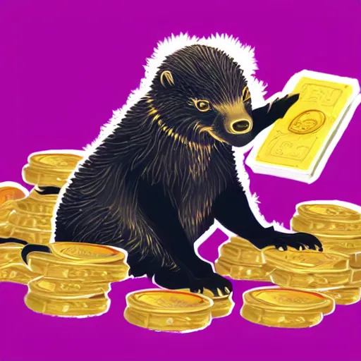 Image similar to a honey badger sitting on a large pile of gold coins, animated, sticker art, sticker, white border, digital art, trending on artstation, 4 k