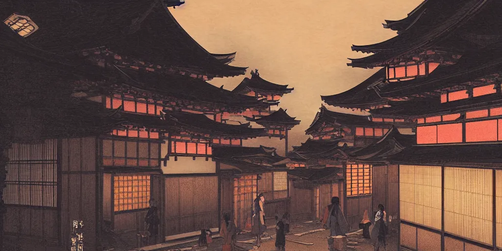 Image similar to feudal japan tokyo street at dusk, on a postcard!!!!!!!!, cinematic lighting!!, 4k, trending on artstation, intricate illustration, fast sketch!!!, rough, ultra detailed, art by albert bierstadt