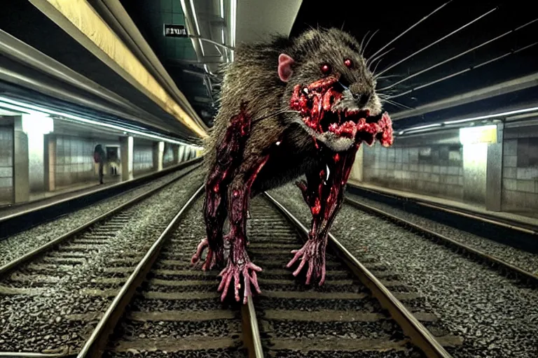 Image similar to very large giant mutant zombie irradiated ( angry rat ) staying on railways in tonnel of moscow subway. tonnel, railways, giant angry rat, very realistic. extreme long shot, low dark light, anish kapoor, herman nitsch, giger.