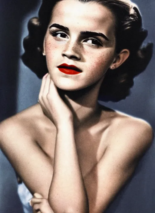 Prompt: Retro color photography 1940s portrait Hollywood headshot of Emma Watson