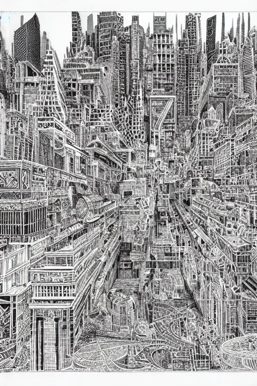 Prompt: a black and white drawing of a temple cityscape, a detailed mixed media collage by hiroki tsukuda and eduardo paolozzi and moebius, intricate linework, sketchbook psychedelic doodle comic drawing, geometric, street art, polycount, deconstructivism, matte drawing, academic art, constructivism