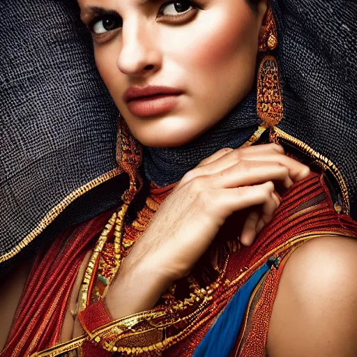 Prompt: portrait of a stunningly beautiful arabic tribal female, depth of field, zeiss lens, detailed, symmetrical, centered, fashion photoshoot, by Annie Leibovitz and Steve McCurry, David Lazar, Jimmy Nelsson, Breathtaking, 8k resolution, extremely detailed, beautiful, establishing shot, artistic, hyperrealistic, beautiful face, octane render