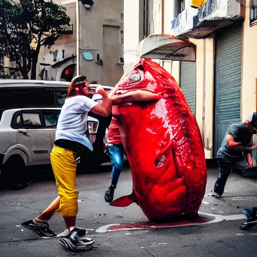 Prompt: A street fight between a human sized tuna and a pizzaiolo with four arms, street photography