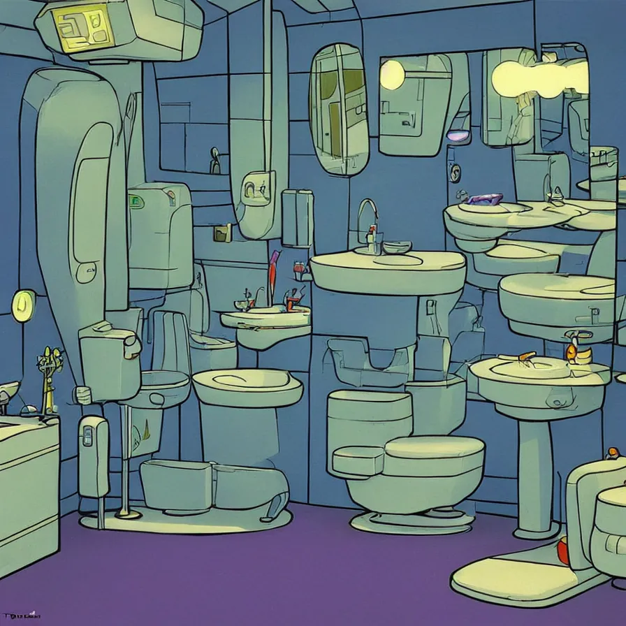 Image similar to concept art of jetsons cartoon bathroom, painted by tim white