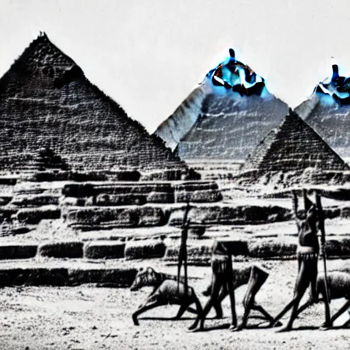 Prompt: pyramids beings built