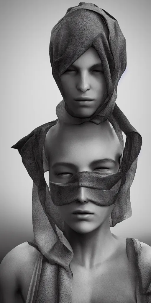 Prompt: women with cloth over over her face, highly detailed, modern, digital art, black and white, unreal engine, photorealism