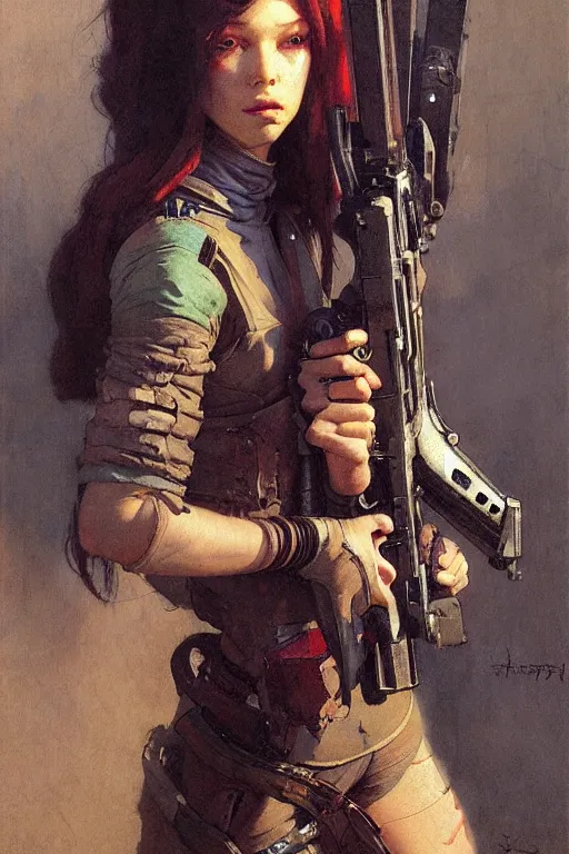 Image similar to portrait max mad cyberpunk, girl with a rifle character design, painting by gaston bussiere, katsuya terada, nc wyeth, greg rutkowski, craig mullins, vermeer, frank frazetta, tom of finland, trending on artstation, jeffery catherine jones