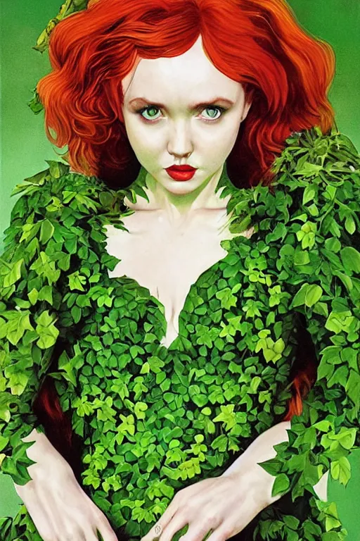 Prompt: full body portrait of lily cole as poison ivy, wearing a green dress and floral growths, epic details by alex ross