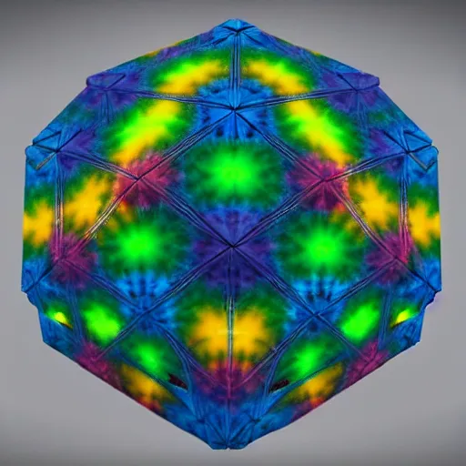 Prompt: a hyperrealistic 3D render of a dodecahedron made entirely of tie dyed Mandelbrot fractals, 8k, 4K, glowing, neon, octane render, photorealistic