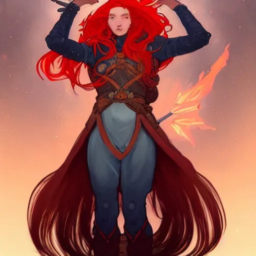 Prompt: a beautiful fire wizard with fire red hair, freckles. wearing armor inspired by alphonse mucha with an exposed midriff, standing on a mountain top with epic clouds and volumetric lighting. intricate illustration and highly detailed digital painting. concept art by artgerm. inspired by brom art and larry elmore.