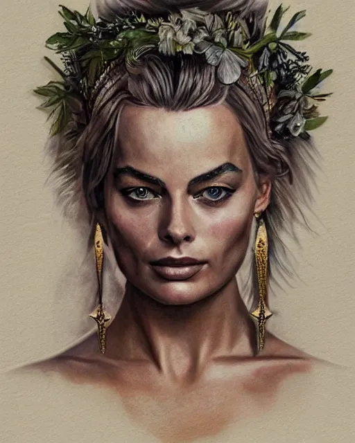 Image similar to realism tattoo sketch of margot robbie as a beautiful greek goddess aphrodite with piercing eyes wearing a laurel wreath and triangle earrings, in the style of greg rutkowski, amazing detail