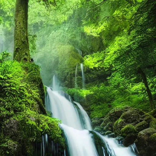 Prompt: a large waterfall surrounded by lush green trees, a matte painting by maud naftel, shutterstock contest winner, naturalism, photo taken with ektachrome, creative commons attribution, high dynamic range