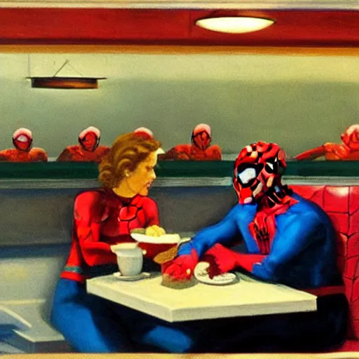 Prompt: spiderman sitting down in a diner. Painted oil on canvas. In the style of Nighthawks 1942 Painting by Edward Hopper