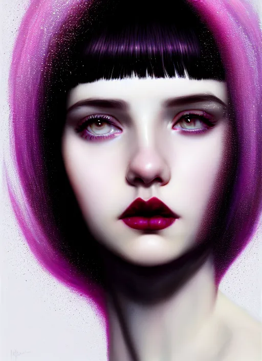 Image similar to portrait of pale teenage girl, red irises, black hair, white bangs, purple lipstick, white bangs, bangs, black hair and white bangs, intricate, elegant, glowing lights, highly detailed, digital painting, artstation, concept art, smooth, sharp focus, illustration, art by wlop, mars ravelo and greg rutkowski