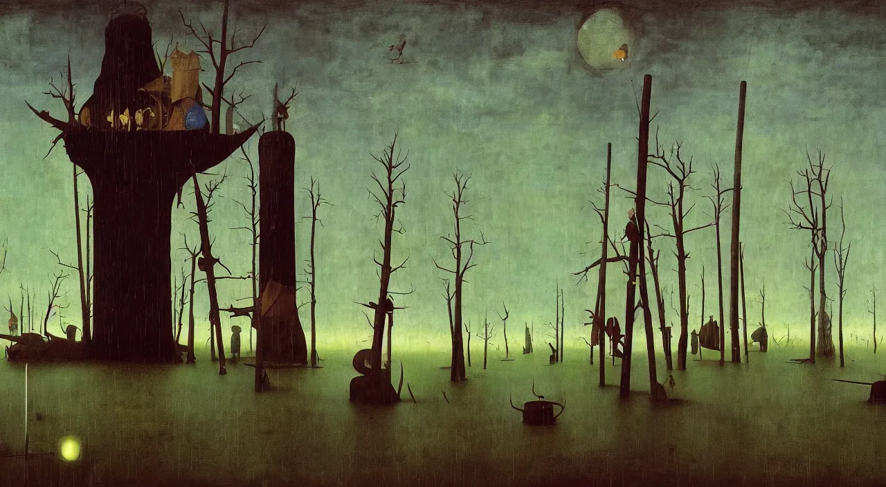 Image similar to single flooded wooden pole, very coherent and colorful high contrast masterpiece by franz sedlacek hieronymus bosch dean ellis simon stalenhag rene magritte gediminas pranckevicius, dark shadows, sunny day, hard lighting