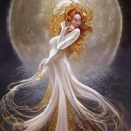 Image similar to a beautiful woman wearing a white dress made of silk with golden ornaments and diamonds jewelry by alex gray and android jones , Karol Bak, Ayami Kojima, Amano , concept art, character design, fantasy,3D, 8k resolution