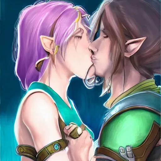 Image similar to female link and malon kissing, concept art, highly detailed
