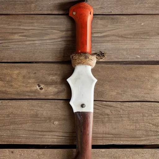 Prompt: photo of medieval Axe with Wood Handle, white background