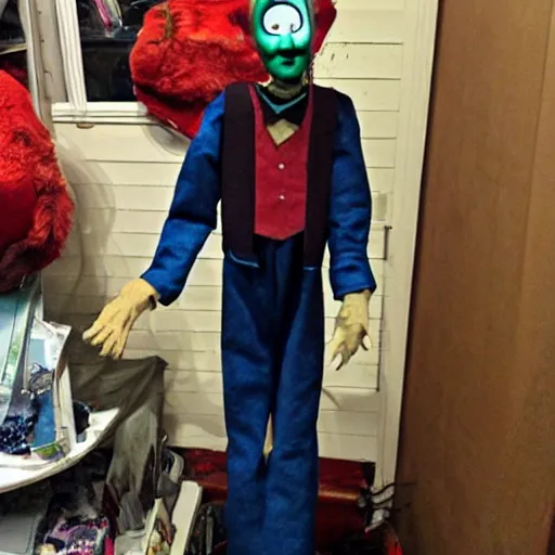 Image similar to scary looking cursed ventriloquist dummy for sale in thrift store