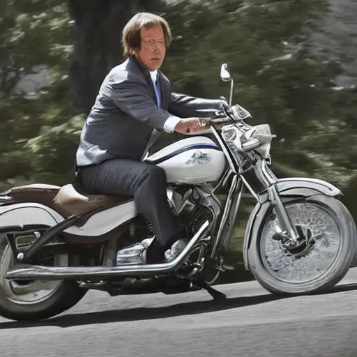 Image similar to A photo of Saul Goodman riding a motorcycle, highly detailed, 4k