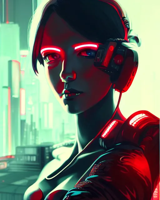 Image similar to a detailed potrait of a cyberpunk cyborg girl with black and red parts, perfect face, realistic shaded perfect face, detailed. night setting. very anime style. realistic shaded lighting poster by ilya kuvshinov katsuhiro, unreal engine, global illumination, radiant light, detailed and intricate environment