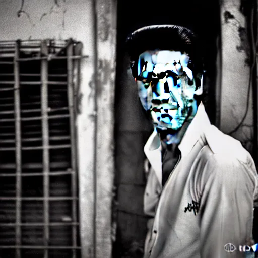 Image similar to Elvis Presley in a slum in Mumbai, XF IQ4, 150MP, 50mm, F1.4, ISO 200, 1/160s, natural light