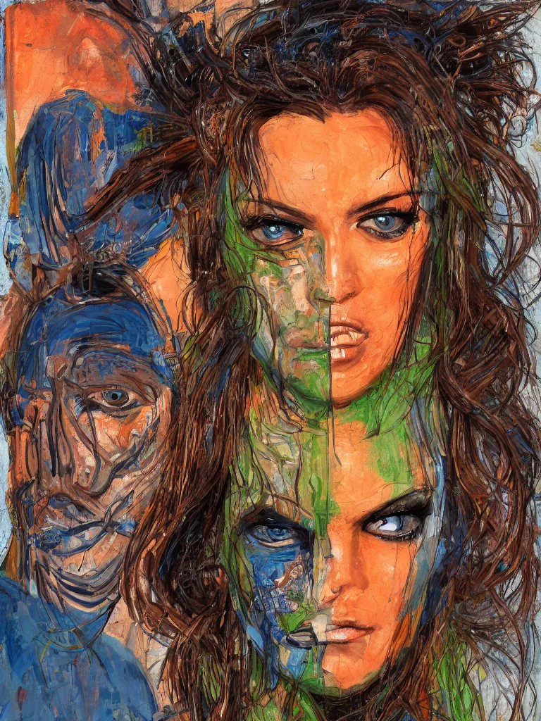 Image similar to half-length portrait of a female face, left side of face rusty mechanical robot, right side of face beautiful middle-aged human, left eye blue colored, right eye green colored, intense look, hair like flames, serious facial expression, similar Monica Belucci, by Simon Stalenhaag, by Mark Arian, by Julie Bell, by M.W. Kaluta, moody light, soft, 4K, matte painting, hyperdetailed, featured on artstation