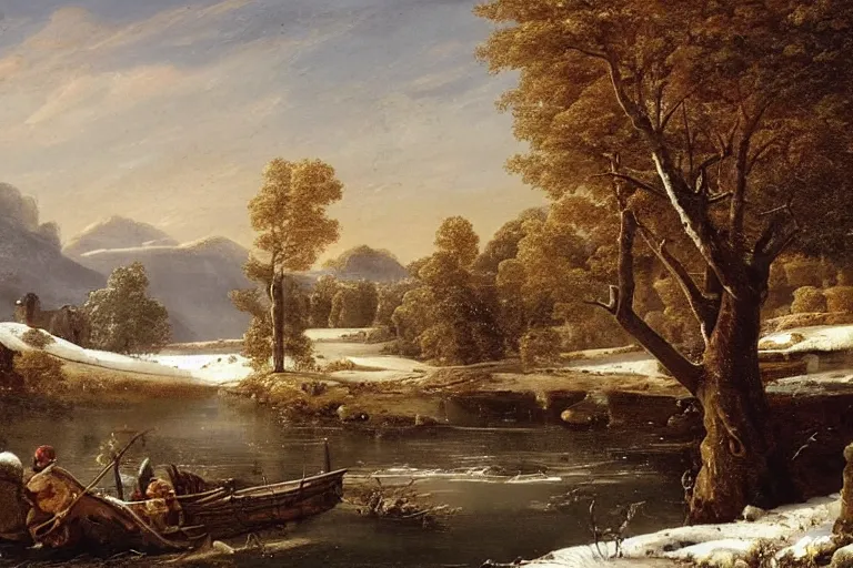 Image similar to beautiful landscape with winter river and oak trees, mythology, fantasy, landscape background, vivid colors, digital painting, very detailed, realistic, high quality, by claude lorrain