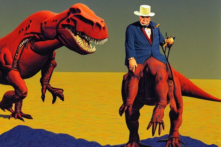 Image similar to Winston Churchill riding a T-Rex, painting by Jean Giraud and René Magritte and Gary Panter, claymation in octane