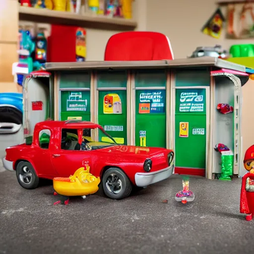 Image similar to fisher price garage with carnivorous plants on the shelves and packing peanuts on the floor, scene from tv show hyper detailed 5 5 mm 8 5 mm, toy photography, made out of plastic