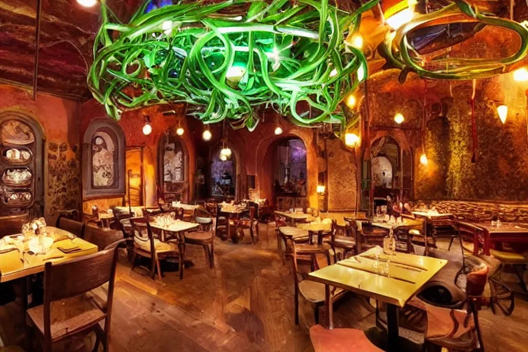 Image similar to magical restaurant serving tentacle-spaghetti to wizards